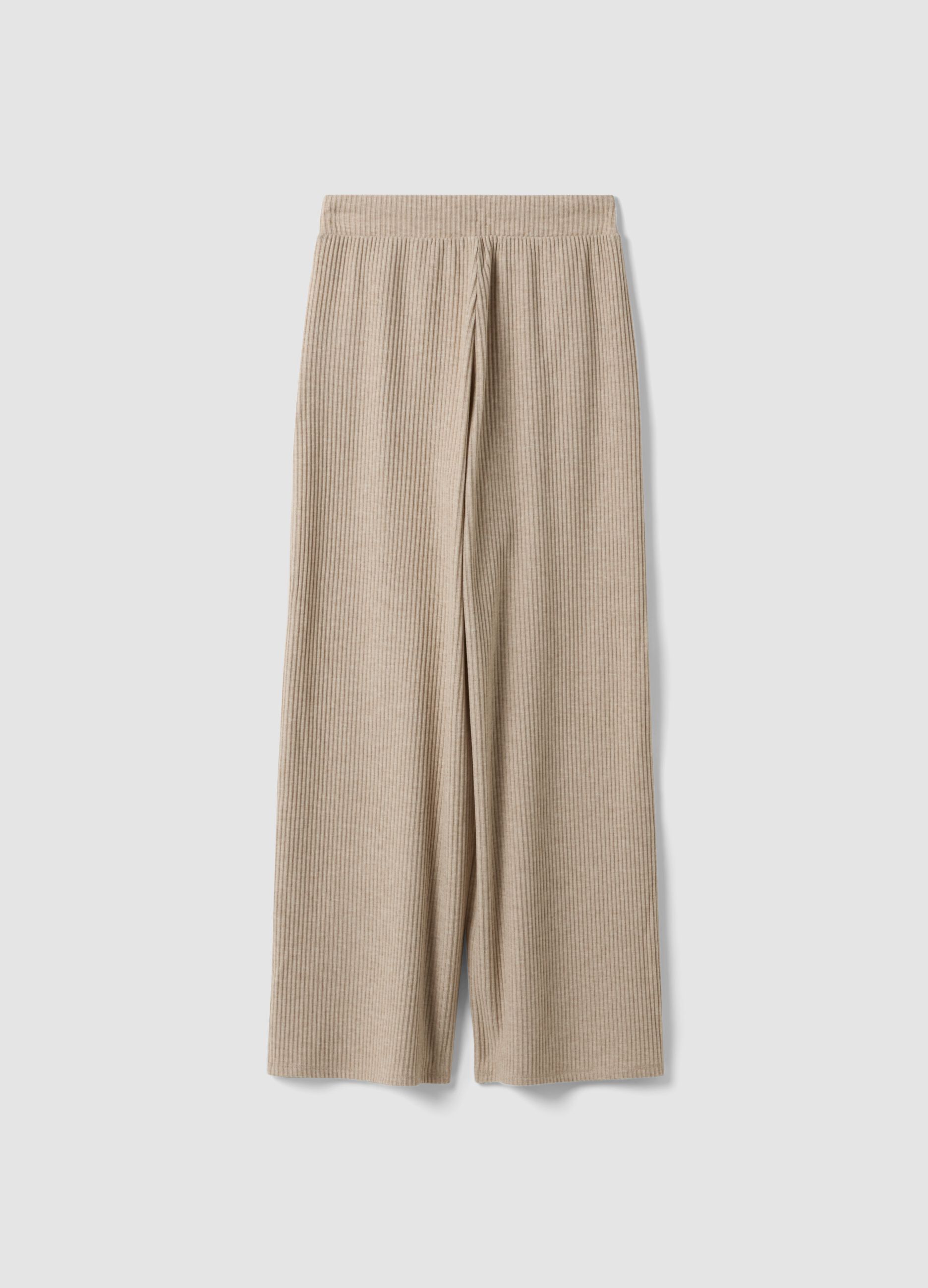Beige ribbed stretch viscose straight-fit trousers
