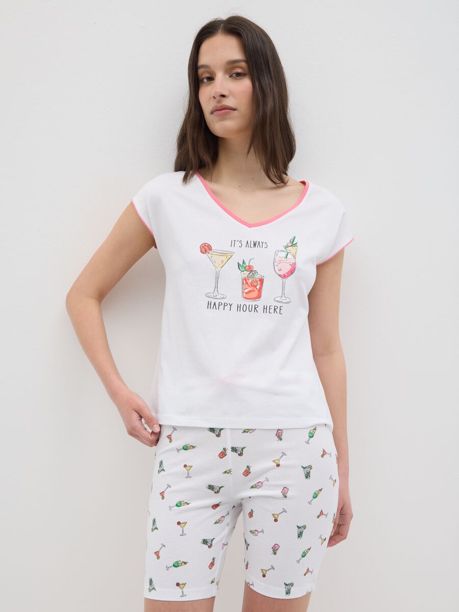 Women's White Pure Cotton Regular Fit Pyjama with Cocktail Print_1