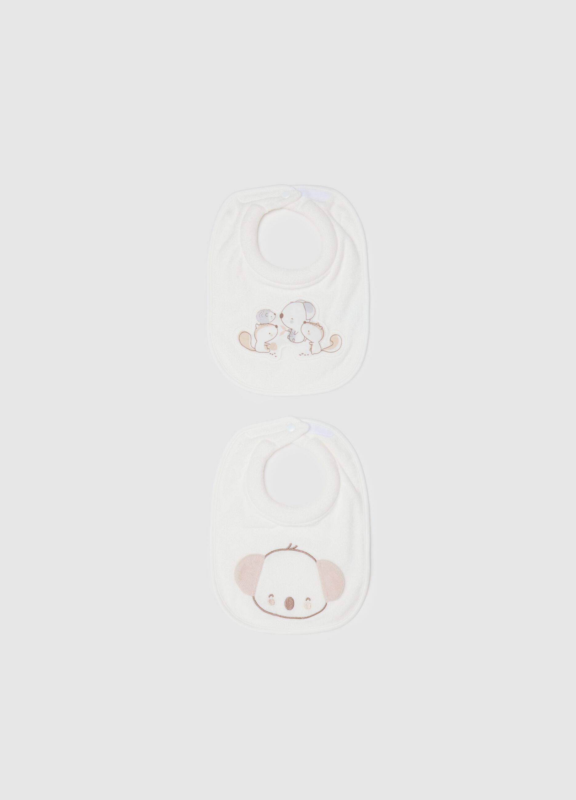 Baby bib bipack in pure white cotton with print