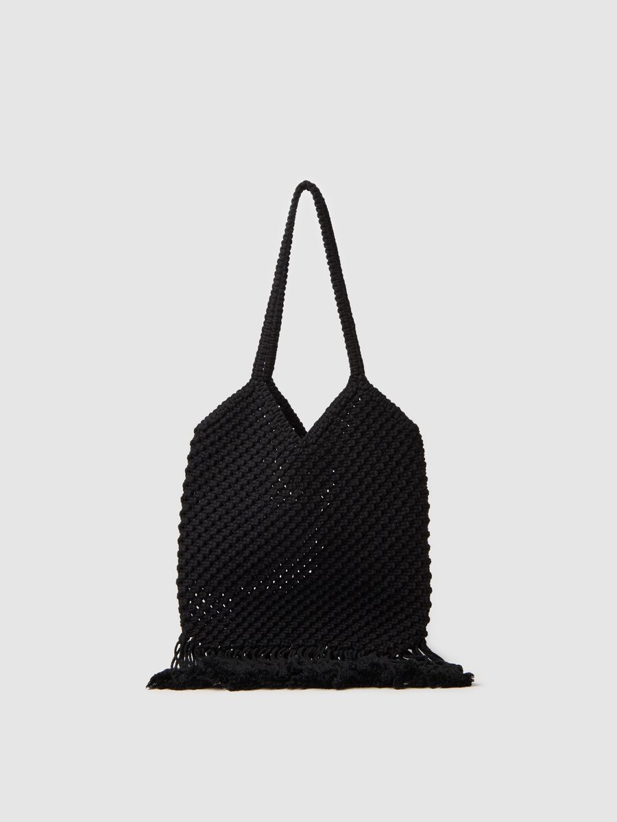 Black openwork shoulder bag with fringing_0