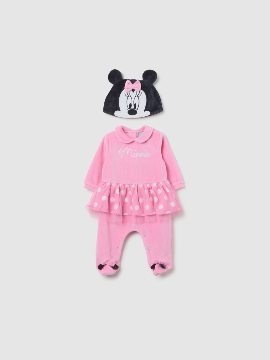 Pink cotton blend baby girl's jumpsuit with zip and hat_0