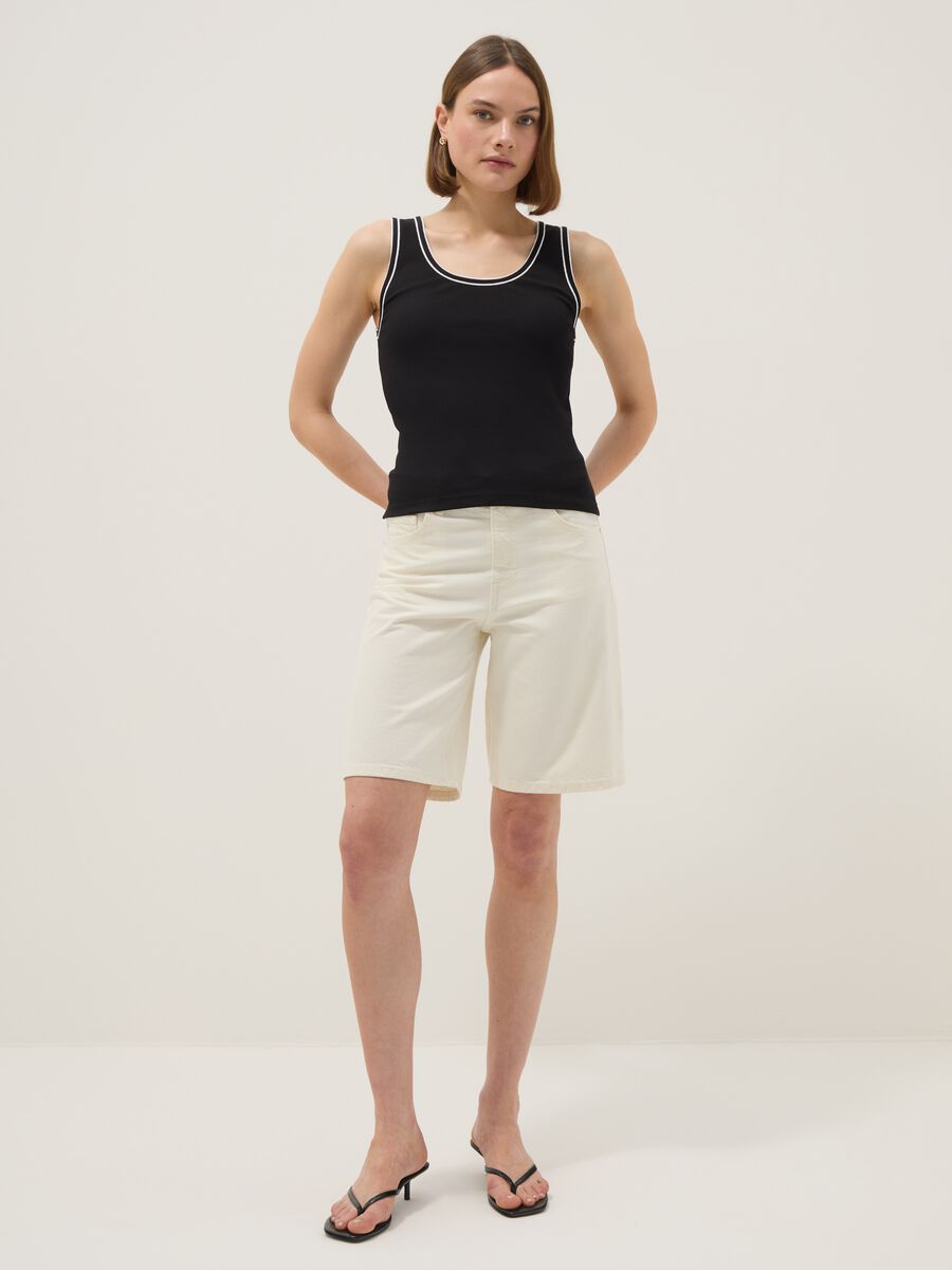 Black stretchy cotton regular fit tank top with trim_2