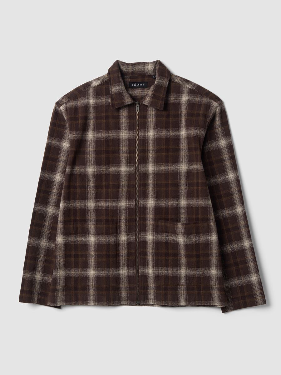 Brown cropped pure-cotton checked shirt with zip, oversized fit_0