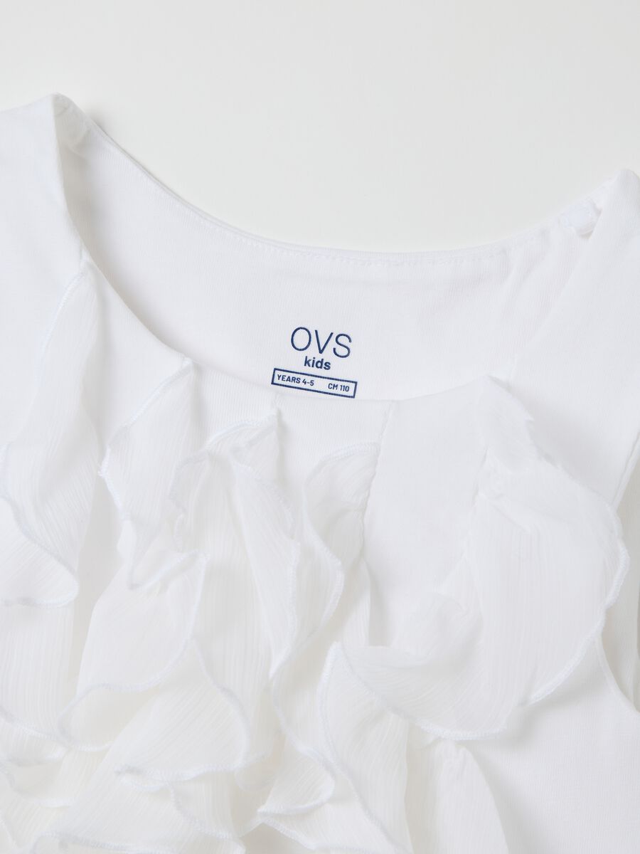 Girls’ white regular-fit T-shirt in stretch cotton with ruffles_3