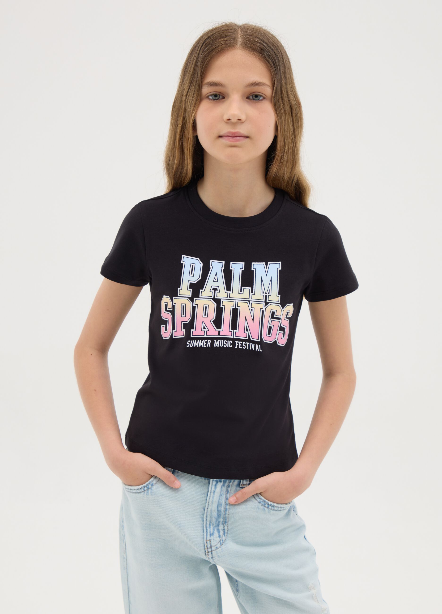 Black stretch cotton T-shirt with print