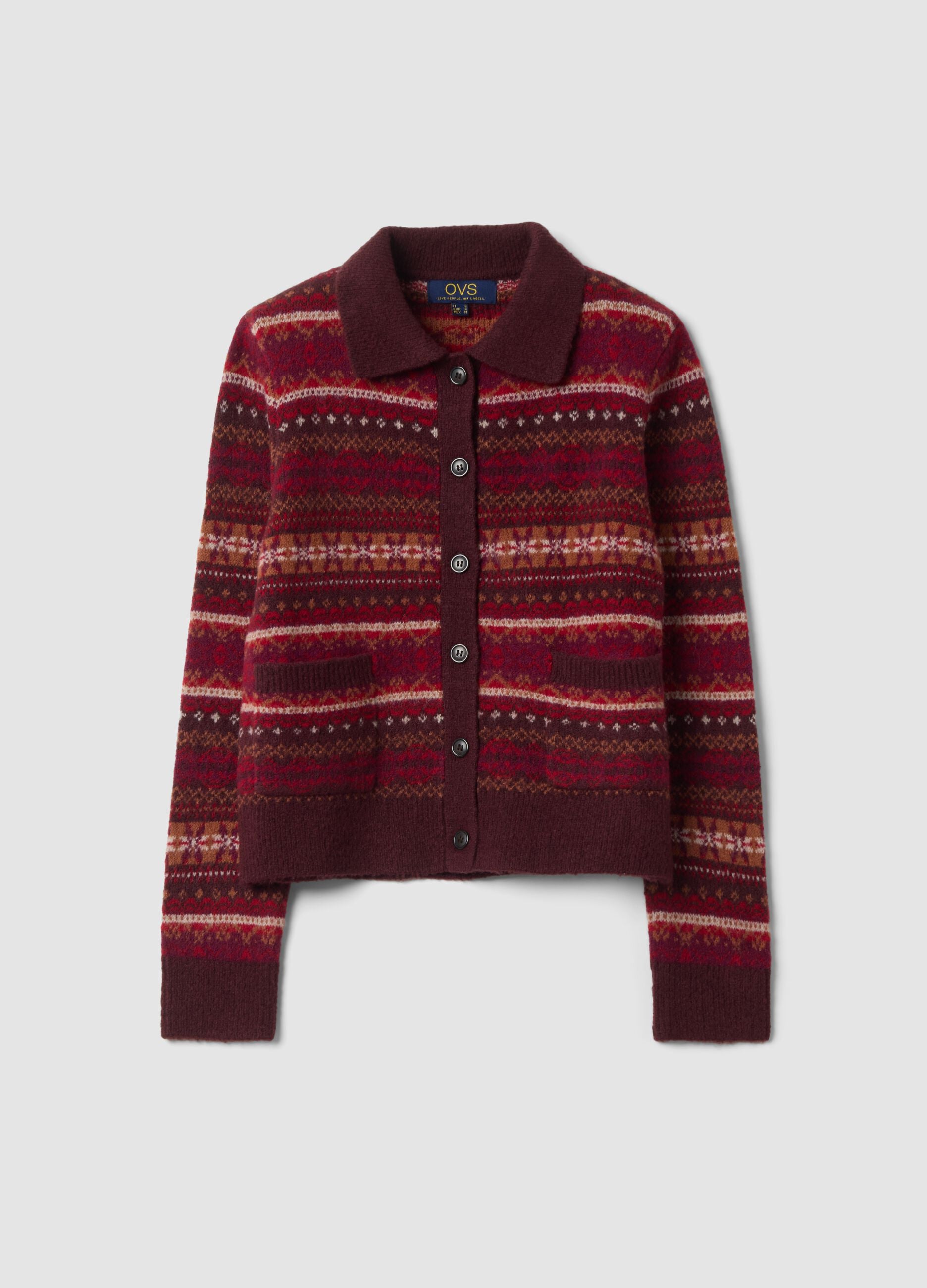 Red stretch wool cardigan with polo collar, regular fit