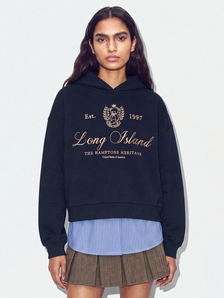 Blue cotton-blend hoodie sweatshirt with layered shirt-effect hem_0