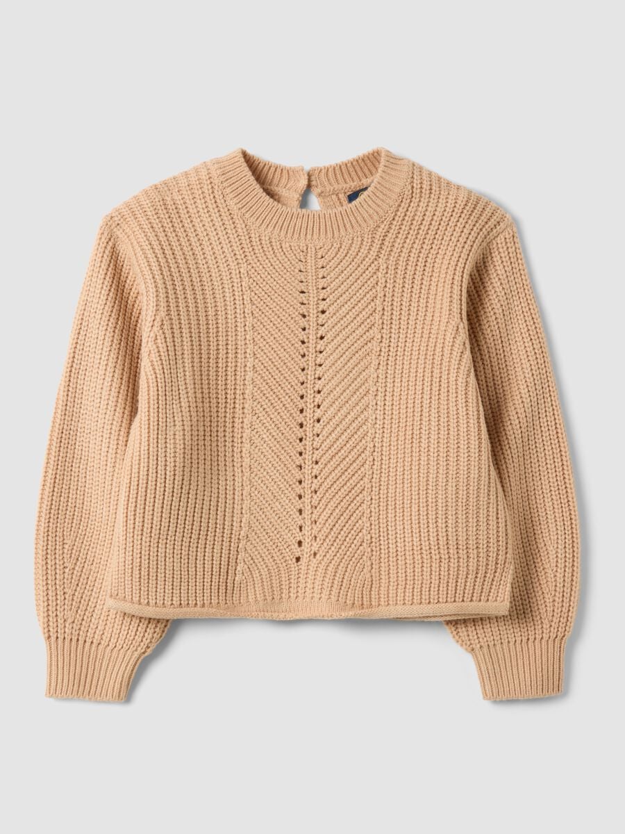 Maglia beige in maglia con girocollo traforato_0