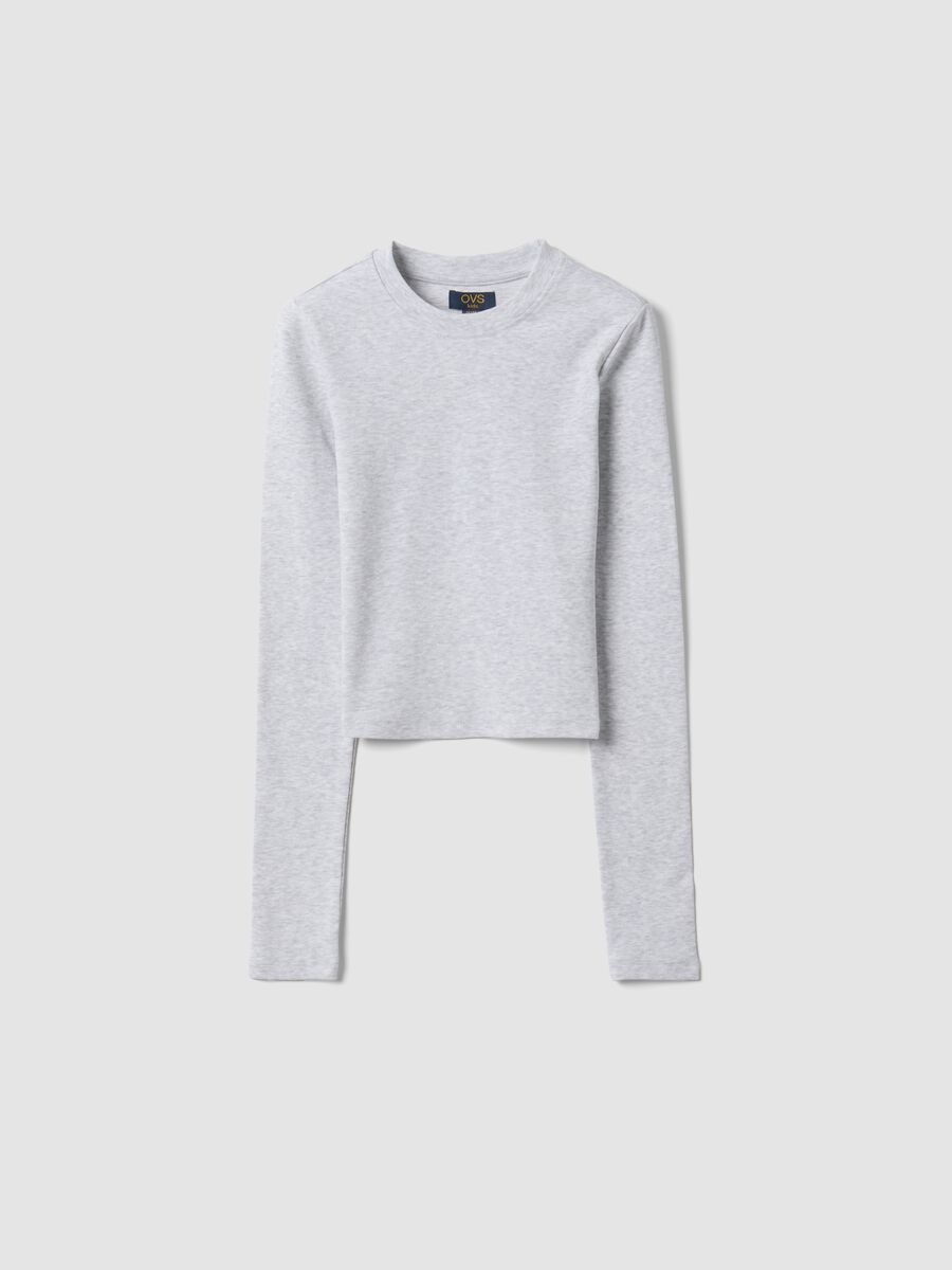 Girls&rsquo; grey organic stretch cotton T-shirt with ribbed neckline_0