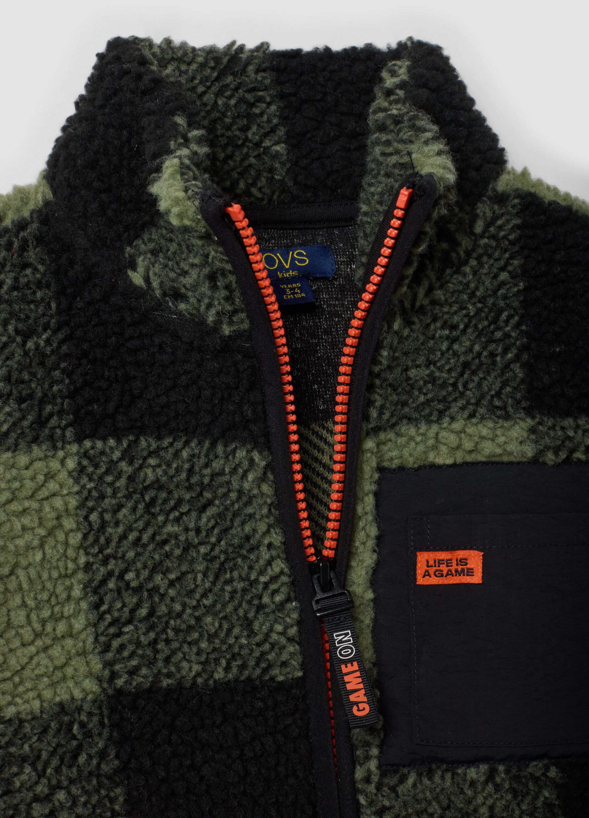 Green and black check sherpa sweatshirt with zip, oversized fit