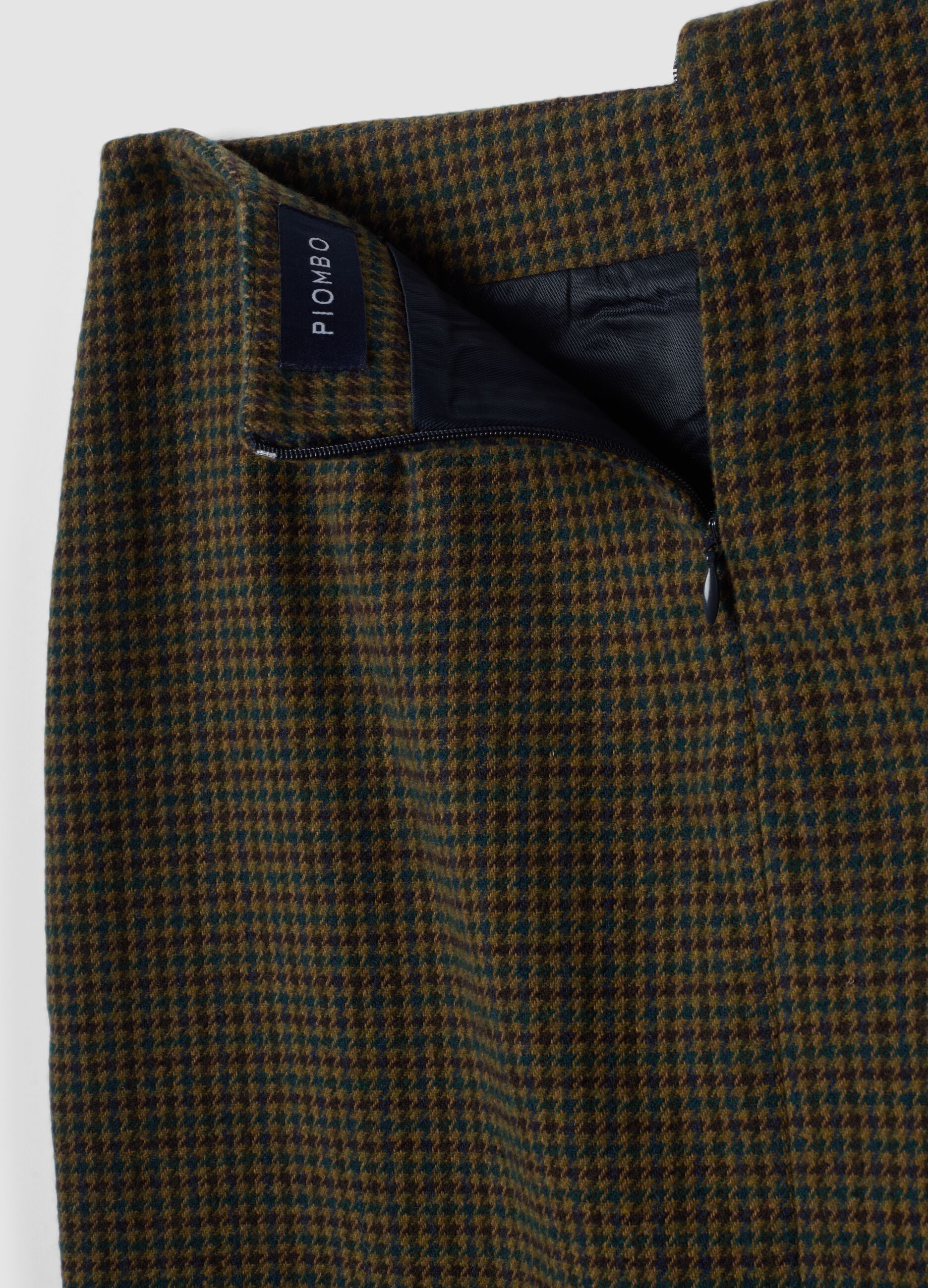Brown and petrol blue wool-blend houndstooth skirt