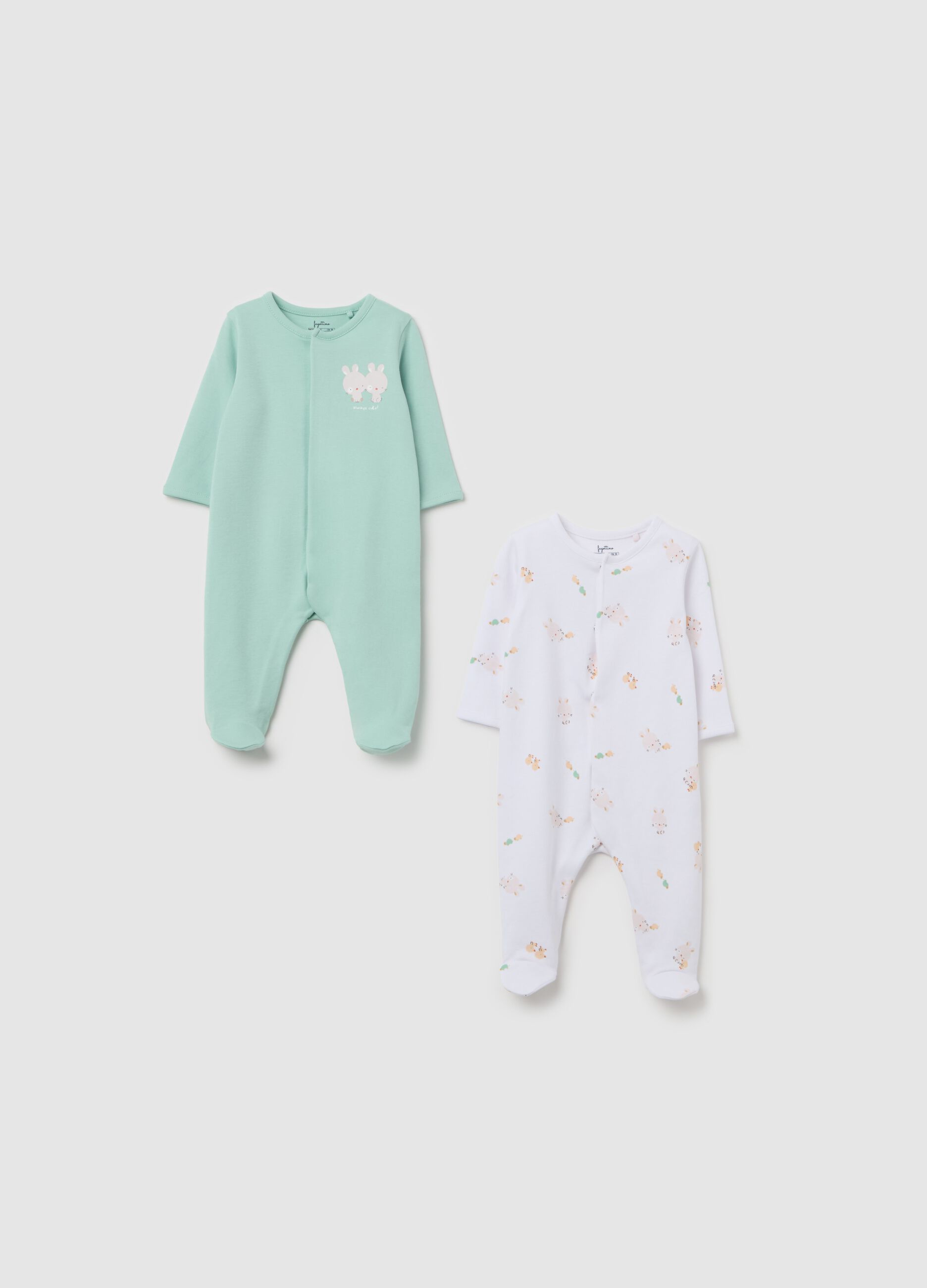 Two-pack onesie with feet and rabbits print