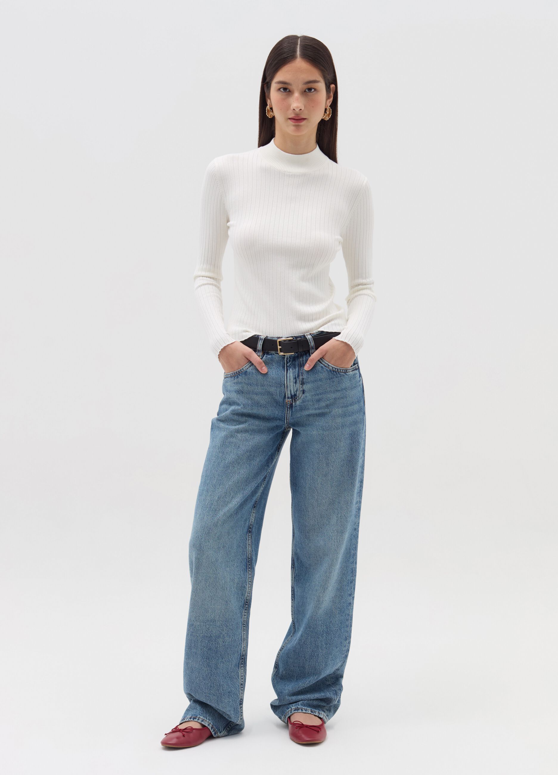 Flat ribbed top with mock neck