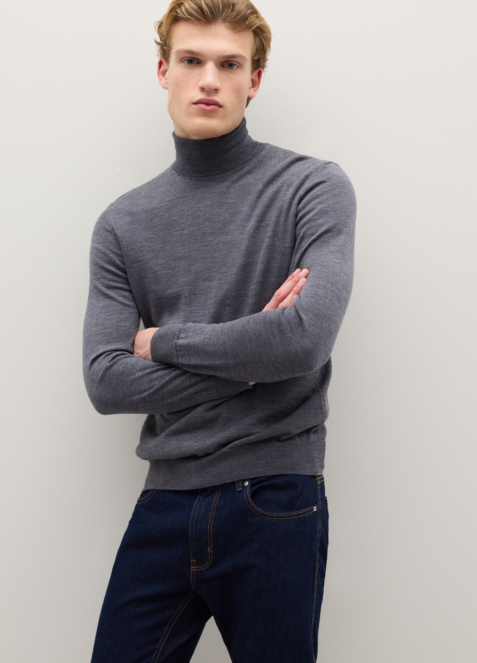 Grey high-neck sweater in pure merino wool regular fit