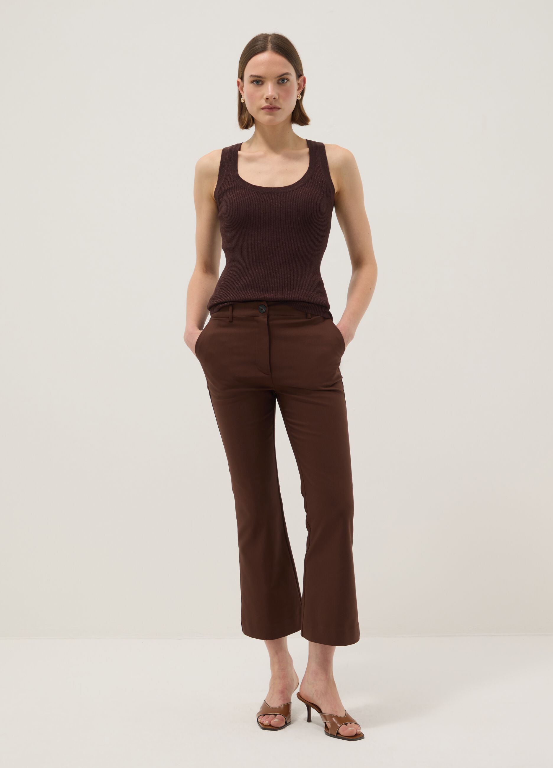 Brown viscose blend fitted tank top