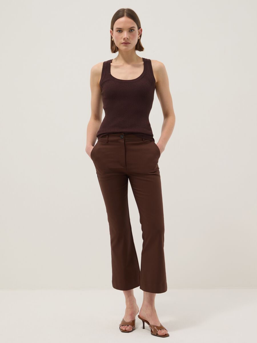 Brown viscose blend fitted tank top_0