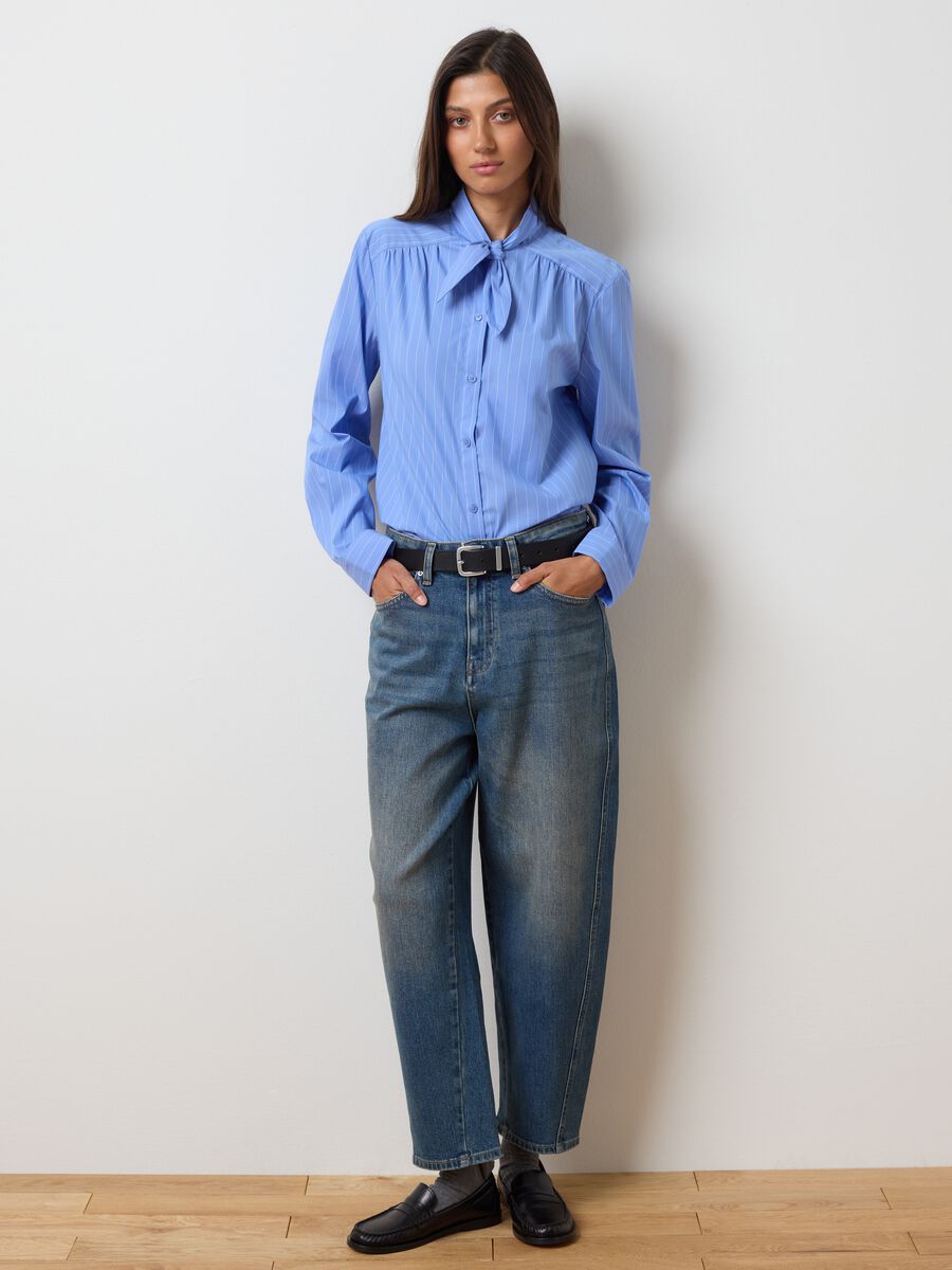 Sky blue cotton blend striped oversized shirt_2