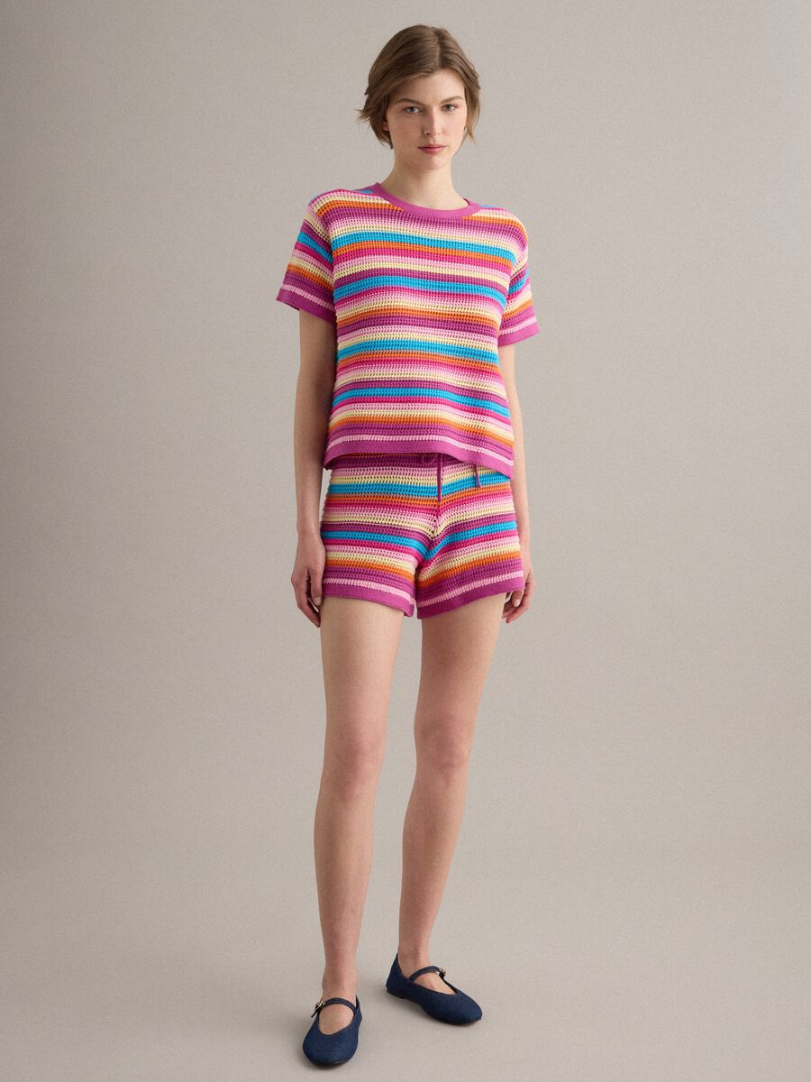 Shorts a righe multicolor in puro cotone con lavorazione crochet_0
