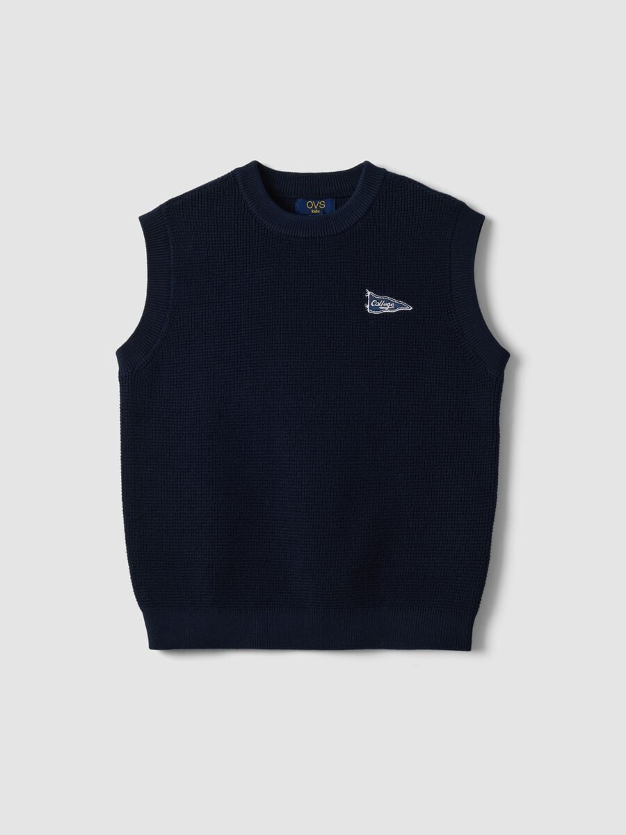 Gilet blu in misto cotone con lavorazione a maglia e ricamo per bambino_0