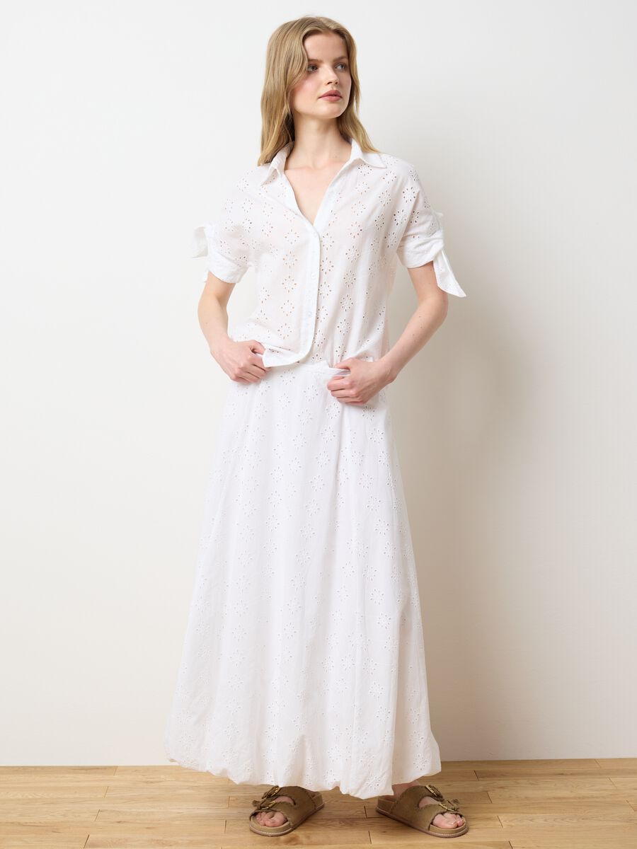 Women's long white cotton skirt with regular fit and perforated design_0