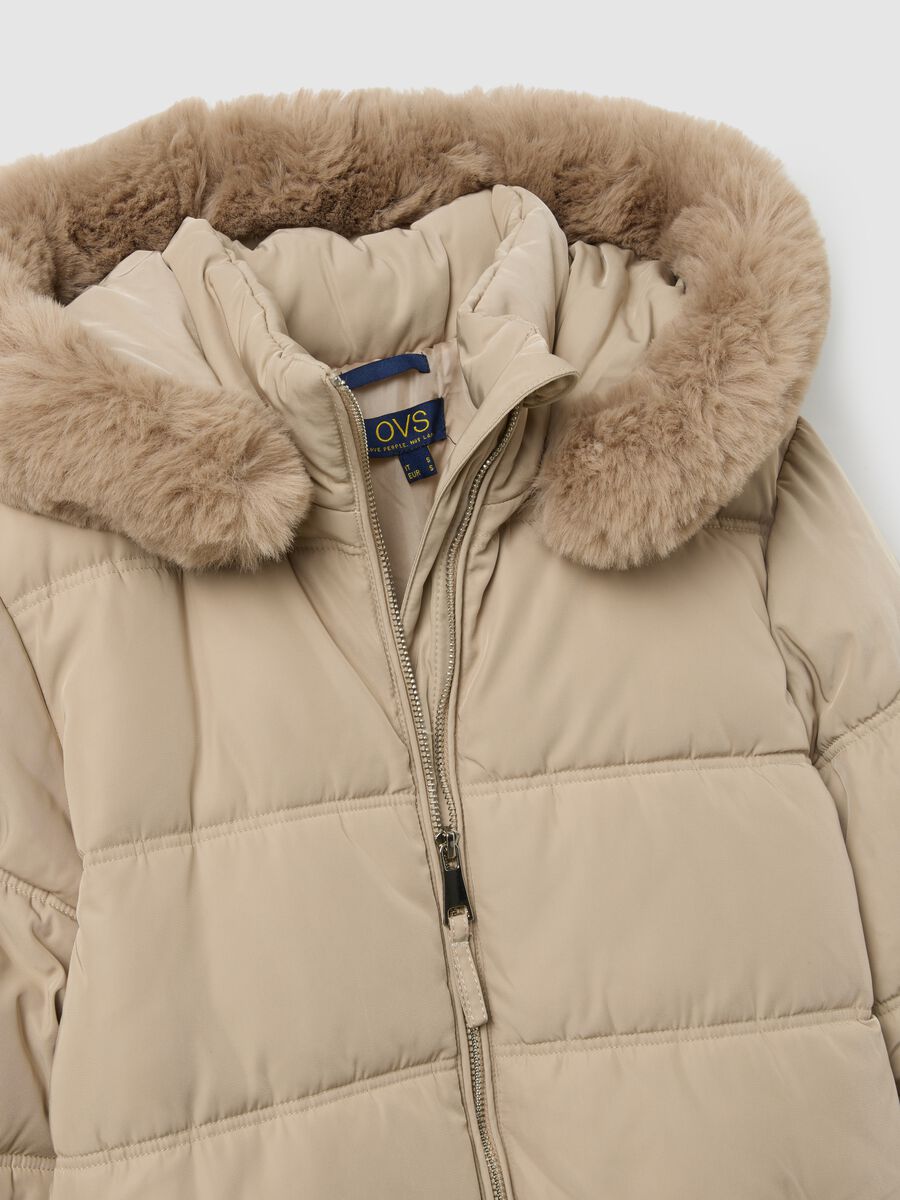 Black regular fit long padded jacket with hood and zip_5