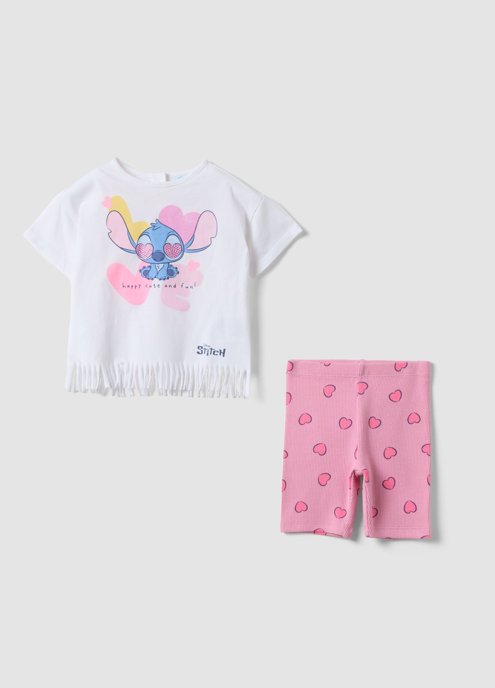White and pink pure cotton set with T-shirt and leggings