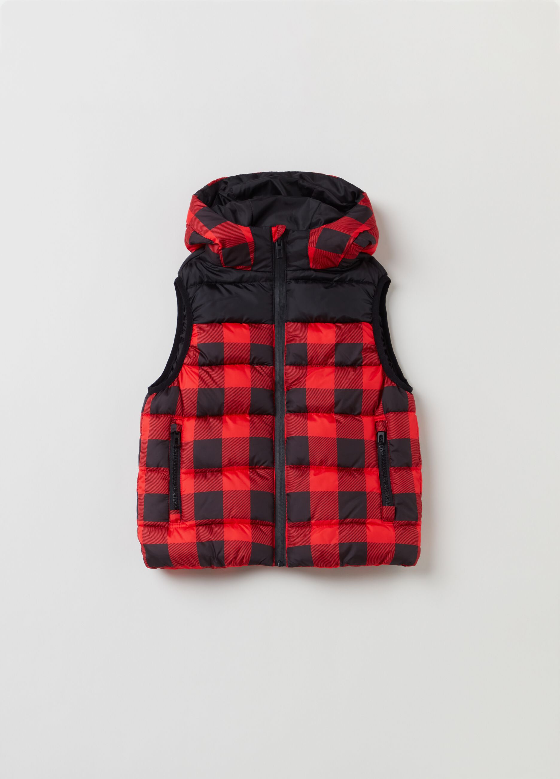 Gilet imbottito con cappuccio stampa check