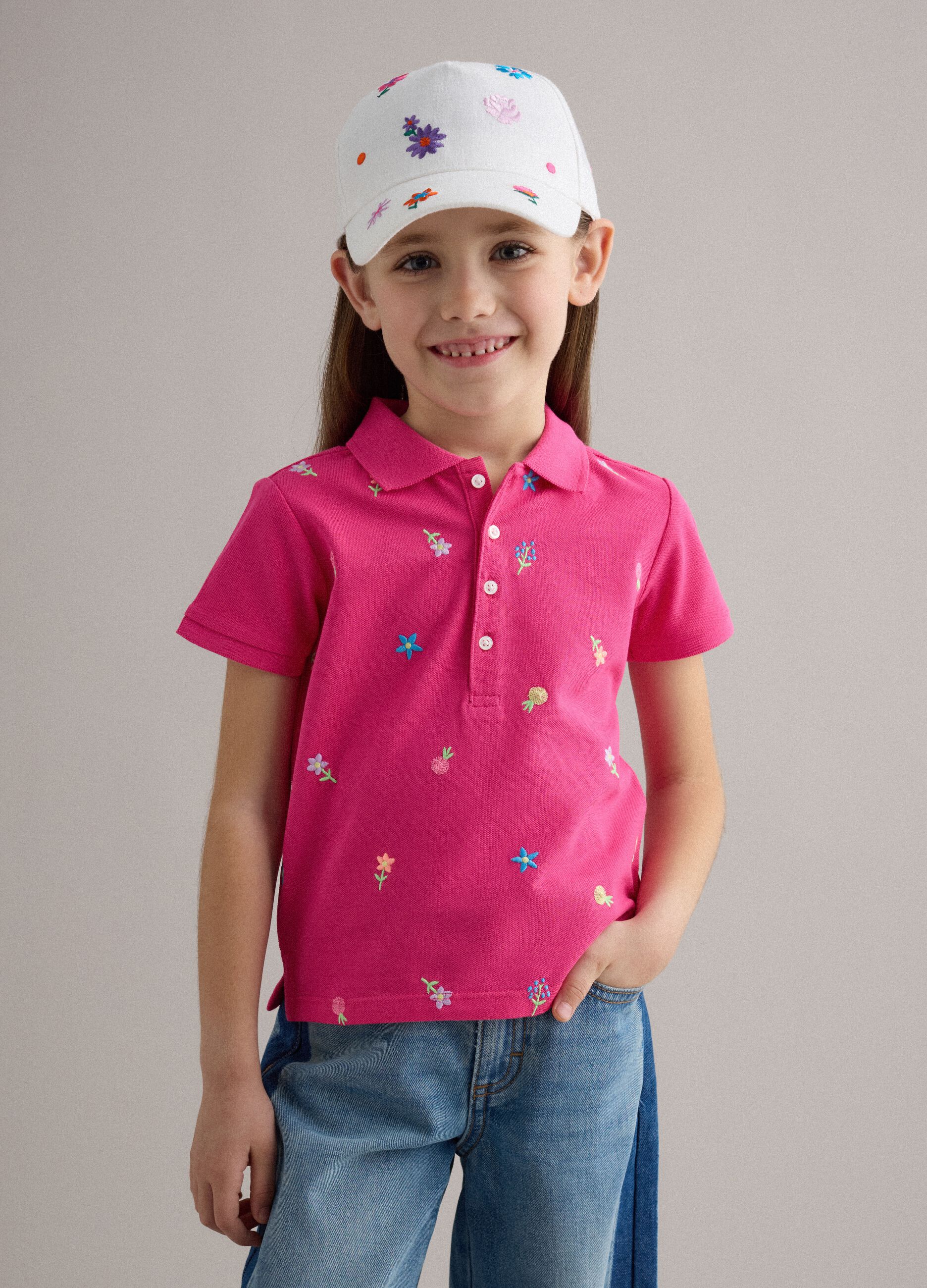 Girls' regular fit pure cotton pink polo with embroidered flowers