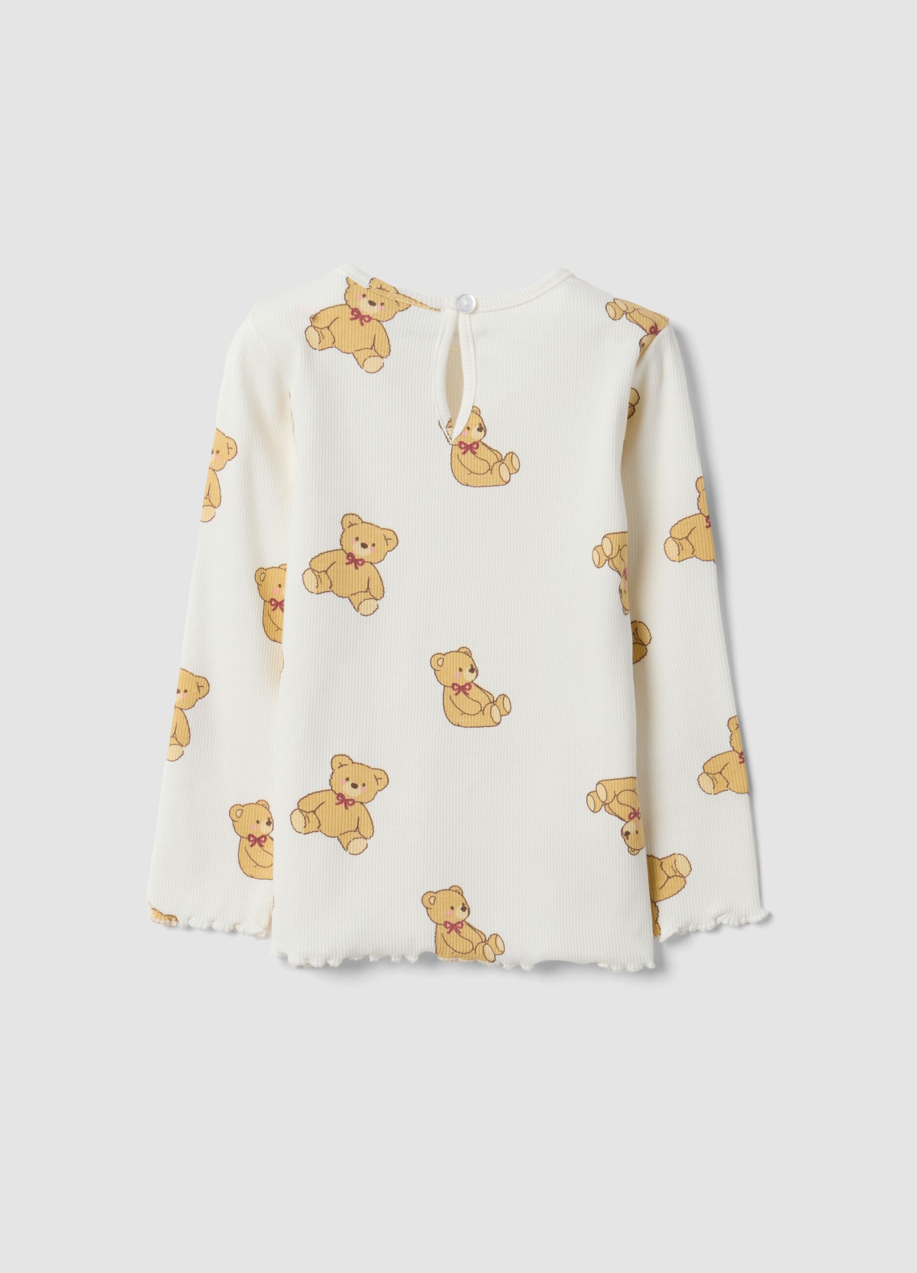 White stretchy organic cotton T-shirt with teddy bear print for baby girl