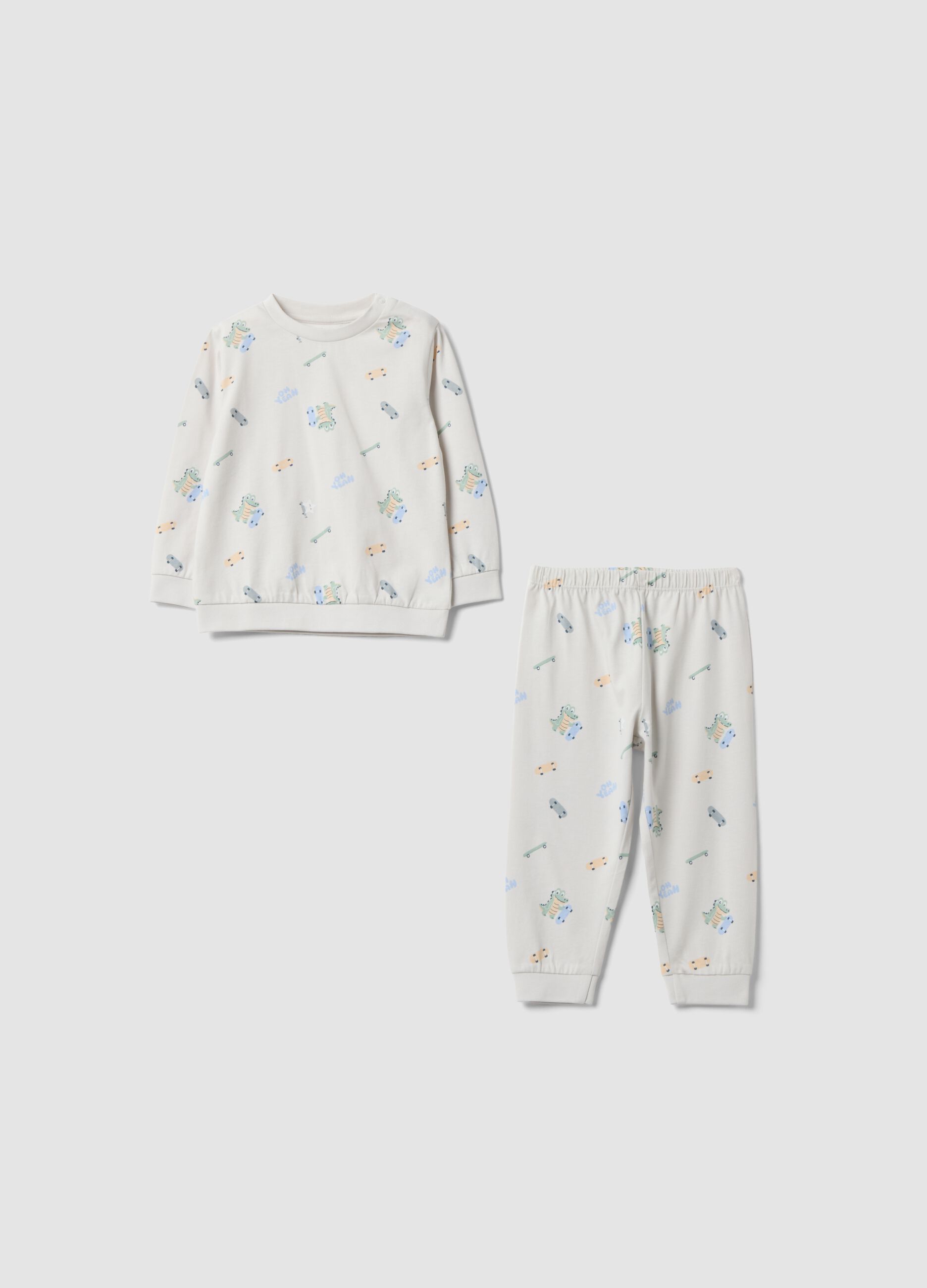 Pigiama grigio in puro cotone jersey organico con stampa coccodrillo
