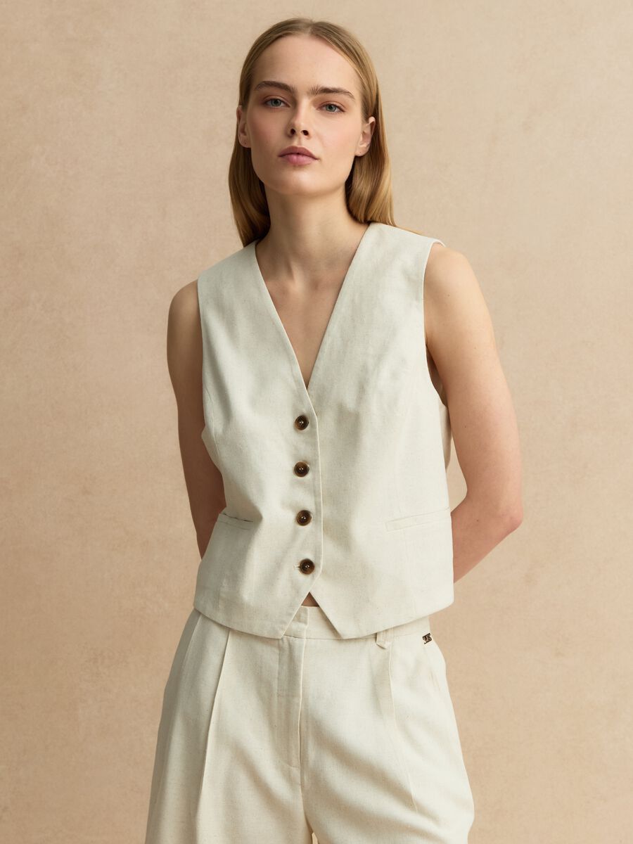 Beige slim fit viscose and linen mix waistcoat_0