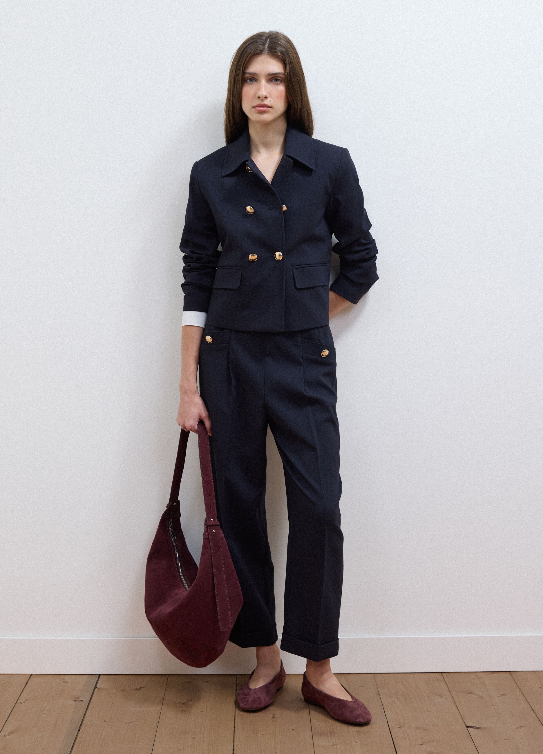 Blue double-breasted stretch viscose blazer with gold-tone buttons