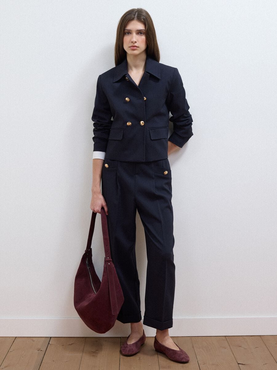 Blazer a doppio petto blu in viscosa elasticizzata con bottoni dorati_2