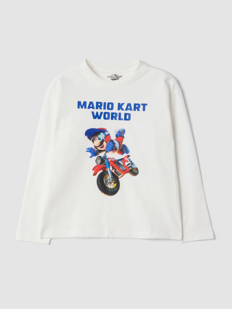 T-shirt bianca in puro cotone con girocollo stampa Mario Kart_0