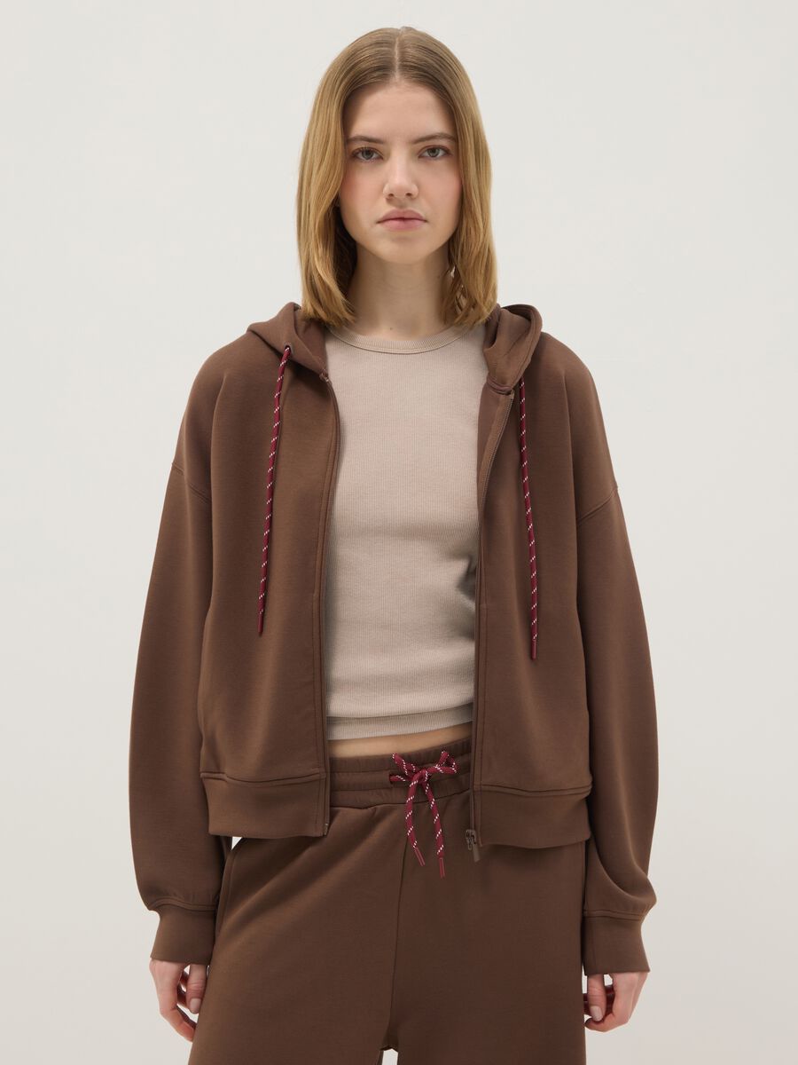 Brown modal blend regular fit hoodie with full zip_0