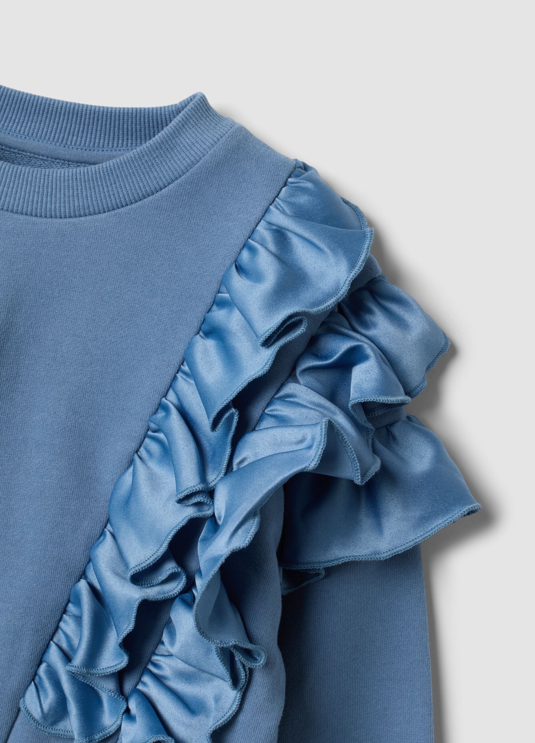 Blue pure cotton sweatshirt with ruffles and crew neck