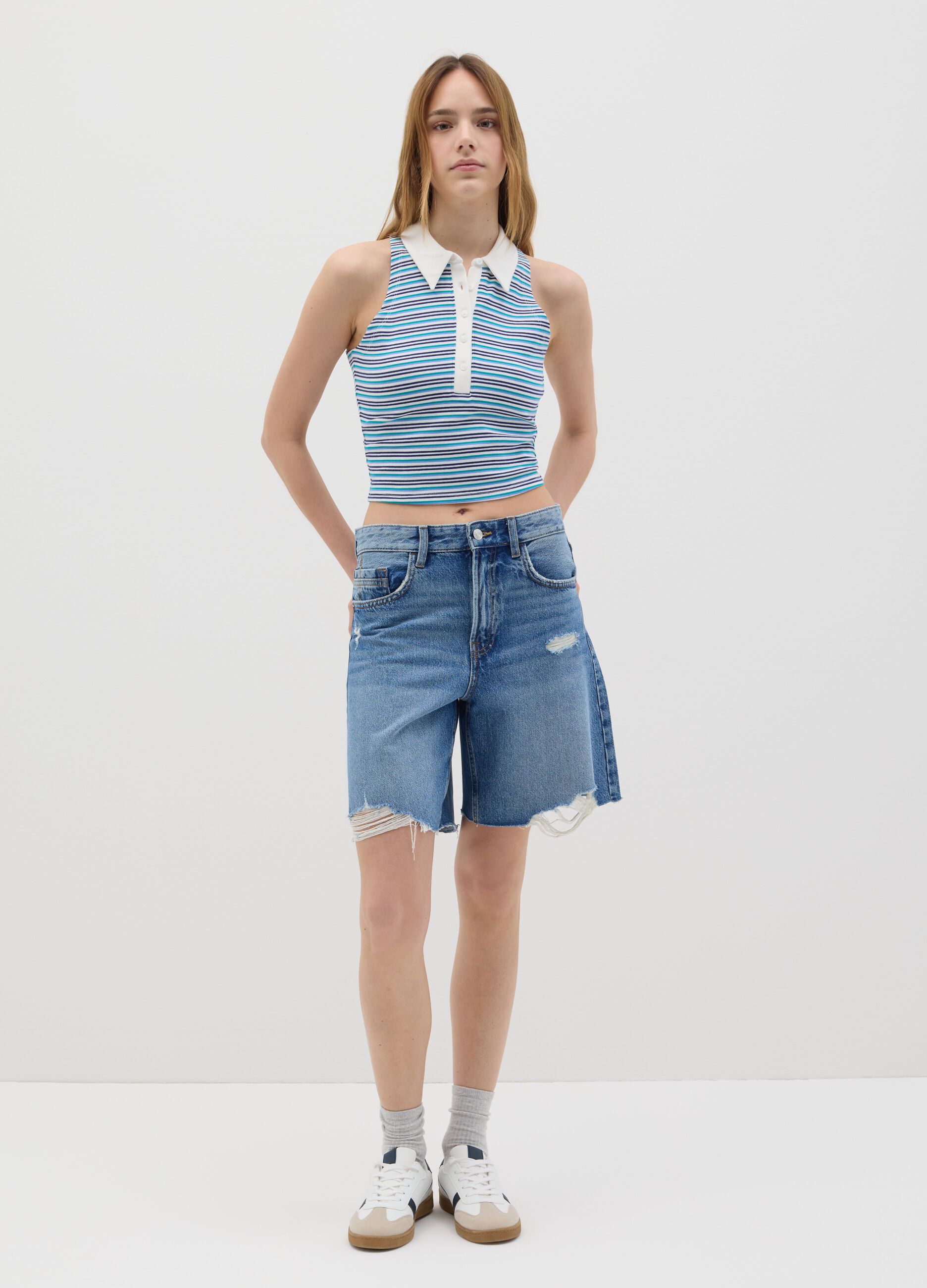Sleeveless Polo with Multicolour Stripes in Stretch Cotton