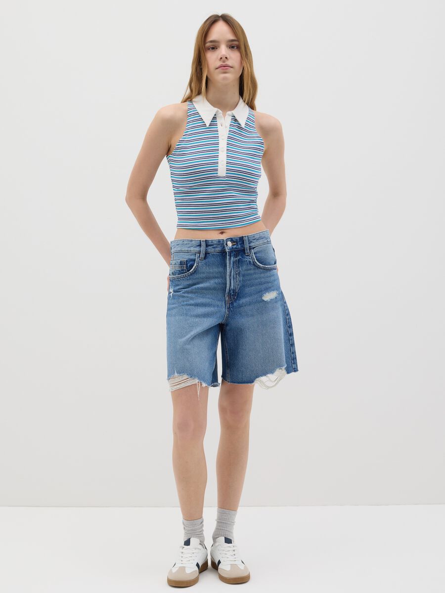 Sleeveless Polo with Multicolour Stripes in Stretch Cotton_1