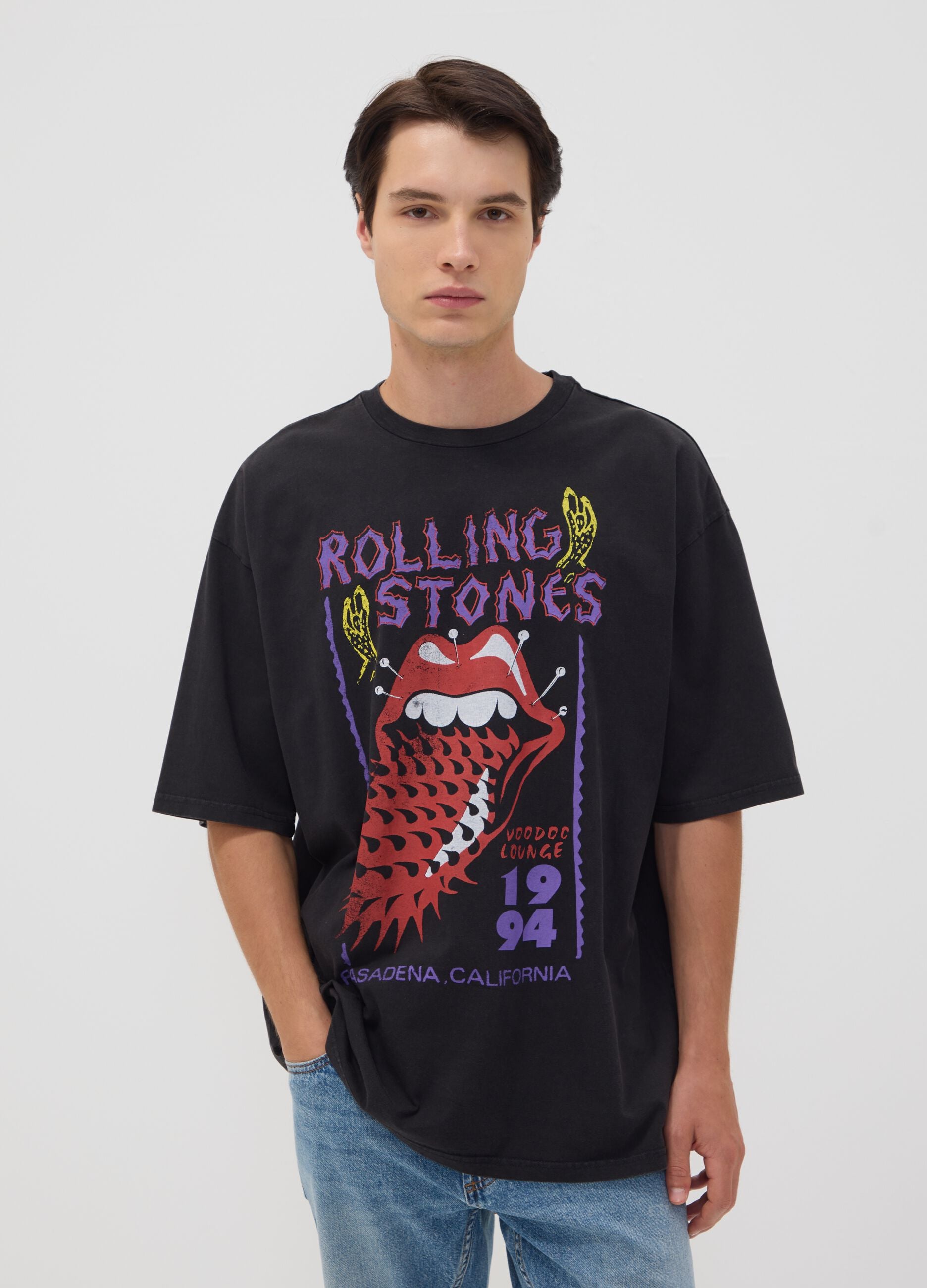 Black pure cotton T-shirt with Rolling Stones print
