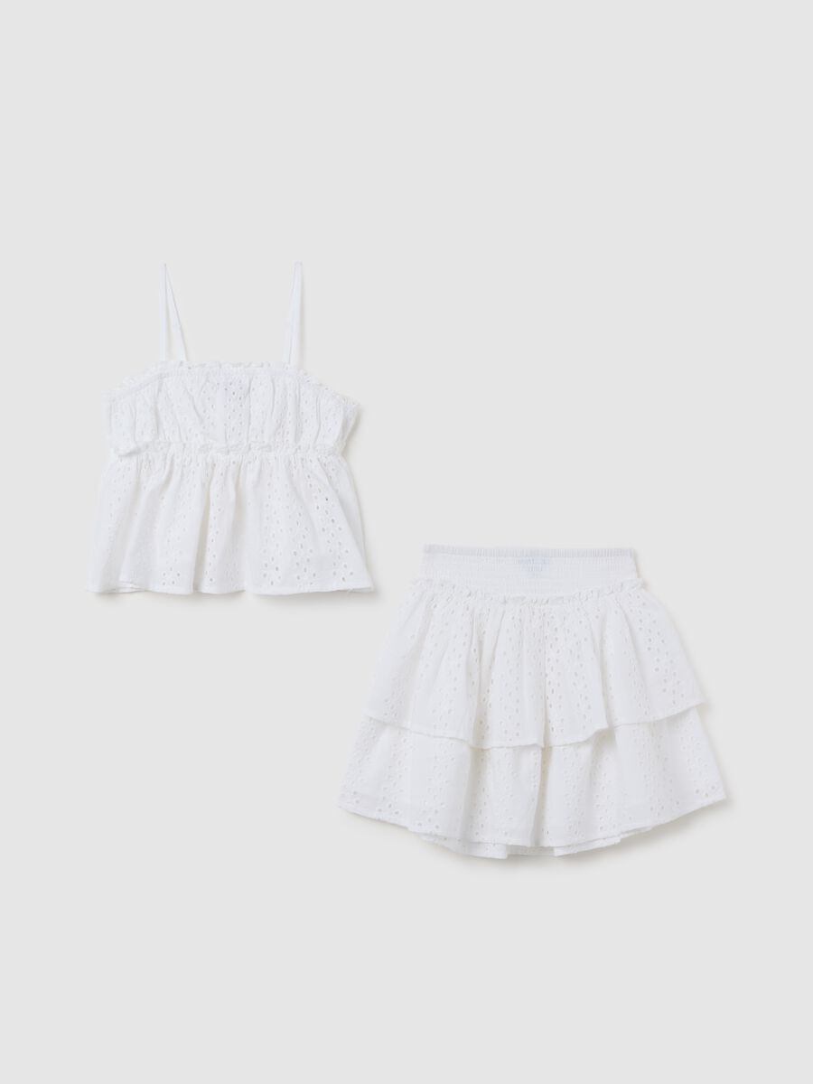 Completo top e gonna da ragazza in puro cotone bianco regular fit _3