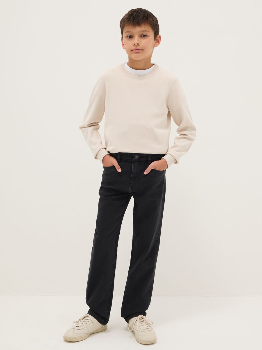 Black cotton blend regular fit jeans for boys_0
