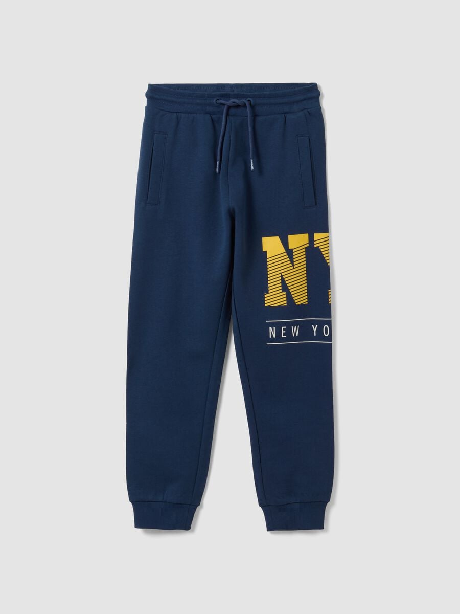 Pantaloni sportivi blu in puro cotone con stampa a contrasto per bambino_0