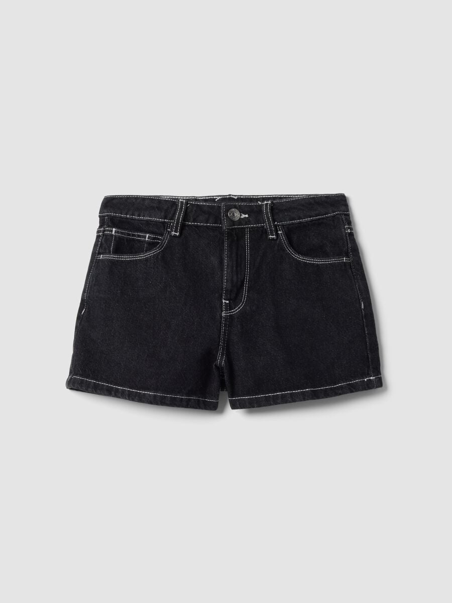 Shorts denim neri in puro cotone con ricami a stella per ragazza_0