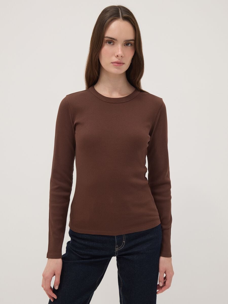 T-shirt marrone a maniche lunghe in puro cotone_0