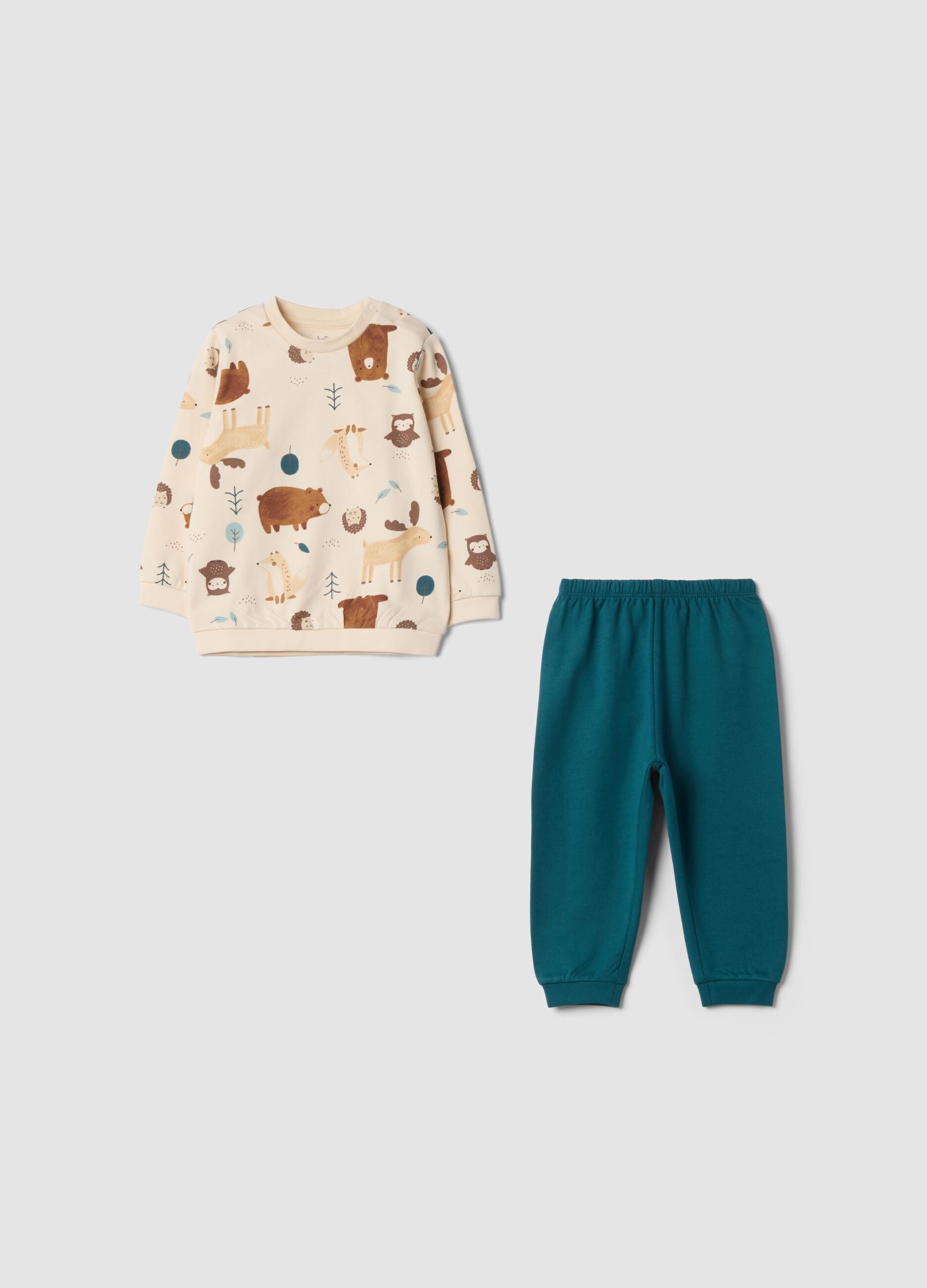 Green crew-neck pyjamas in pure organic cotton