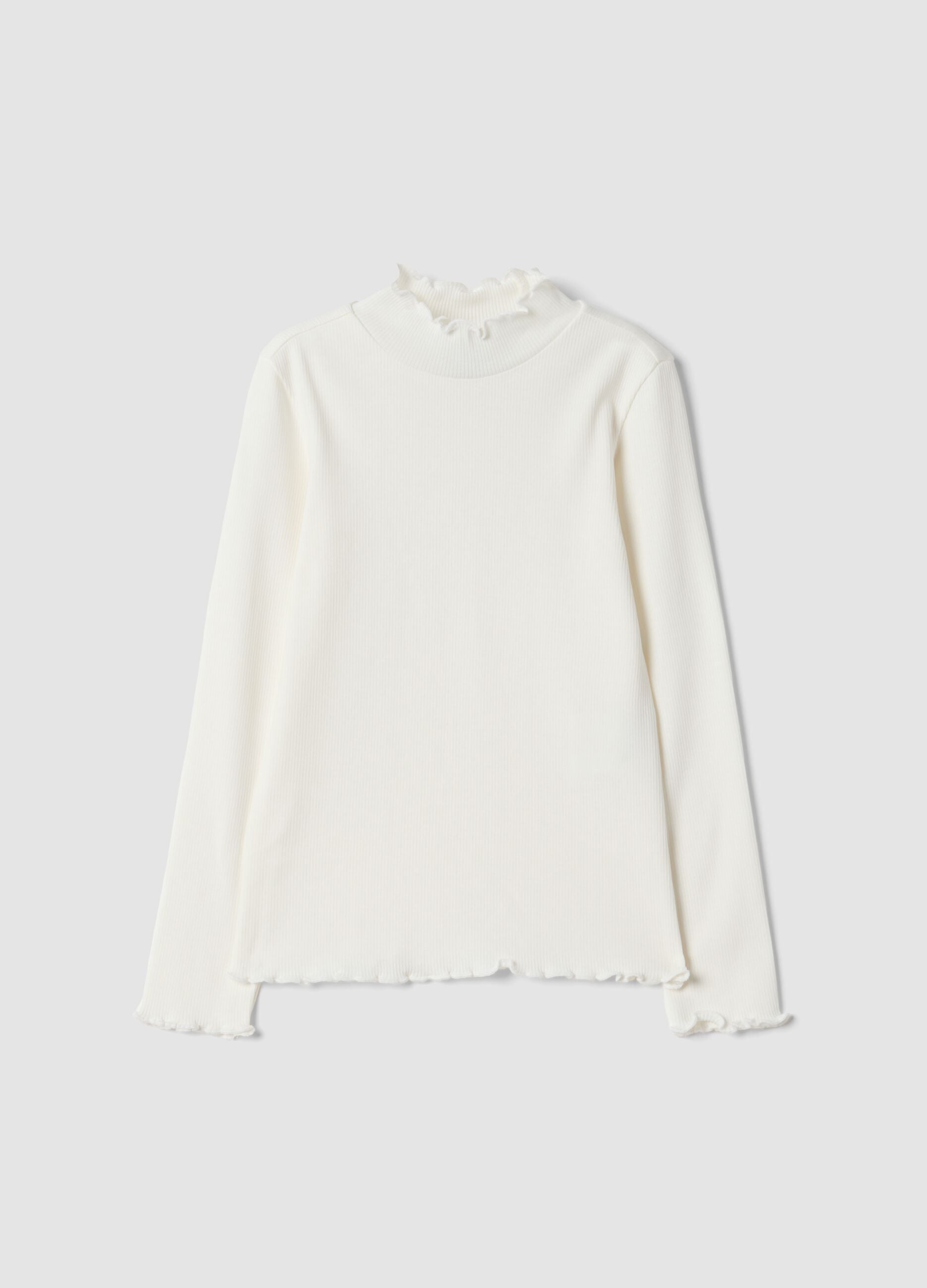 White long-sleeve organic stretch cotton T-shirt with mock neck