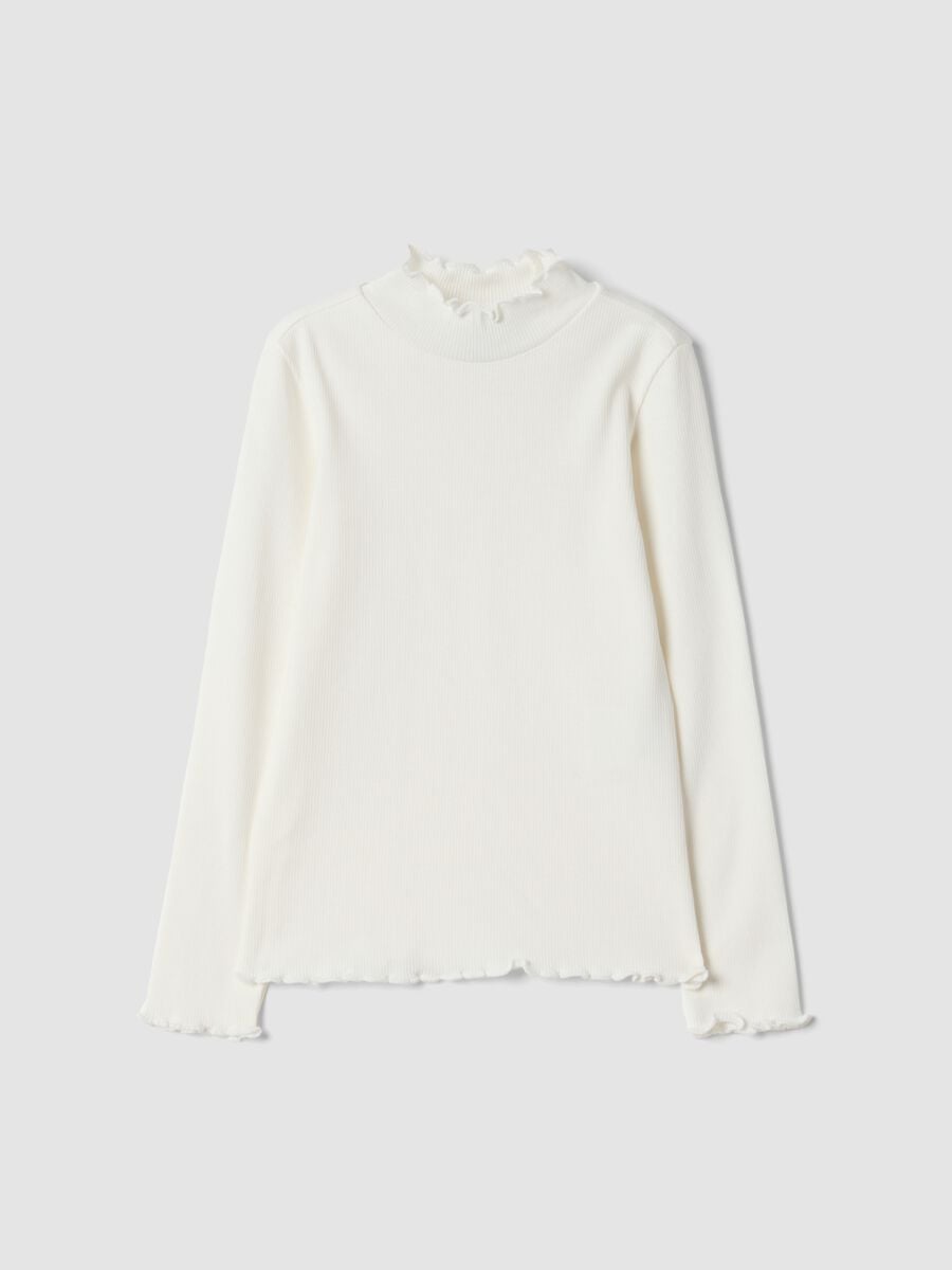 White long-sleeve organic stretch cotton T-shirt with mock neck_0