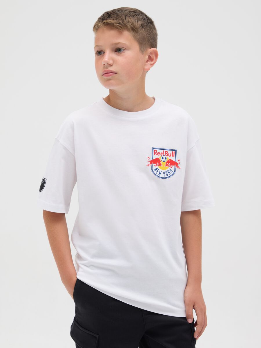 T-shirt da bambino in puro cotone bianca con logo Red Bull New York_0