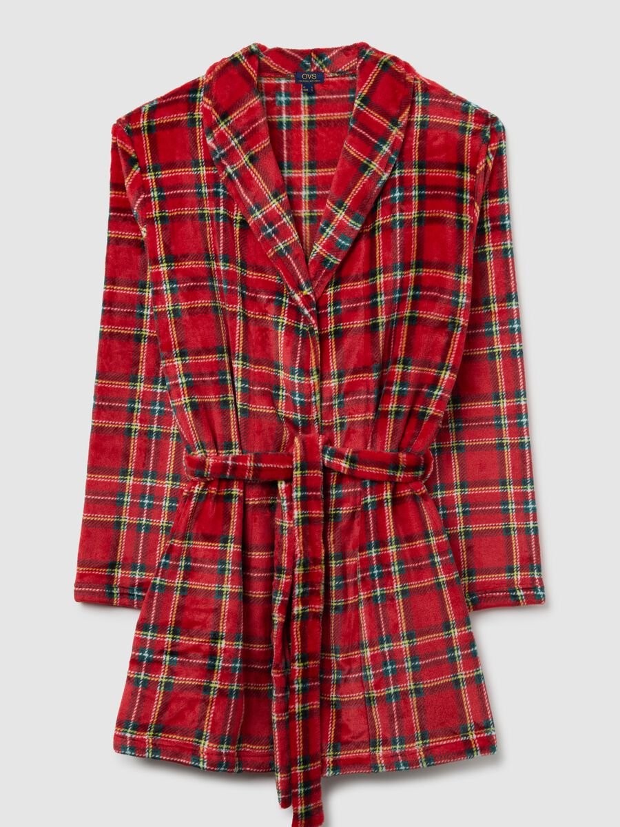 Multicoloured plaid coral fleece dressing gown with belt_4