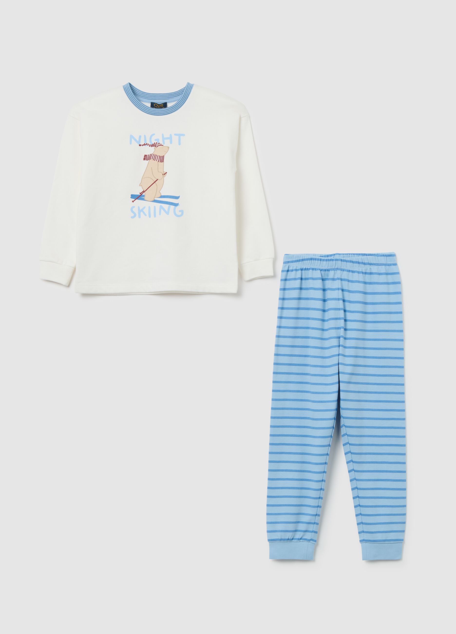 White and blue long-sleeved cotton pyjamas
